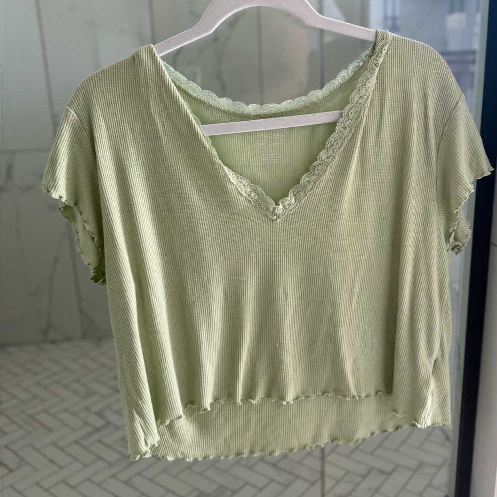 American Eagle Outfitters Lace Trim V-Neck Tee - Light Green
